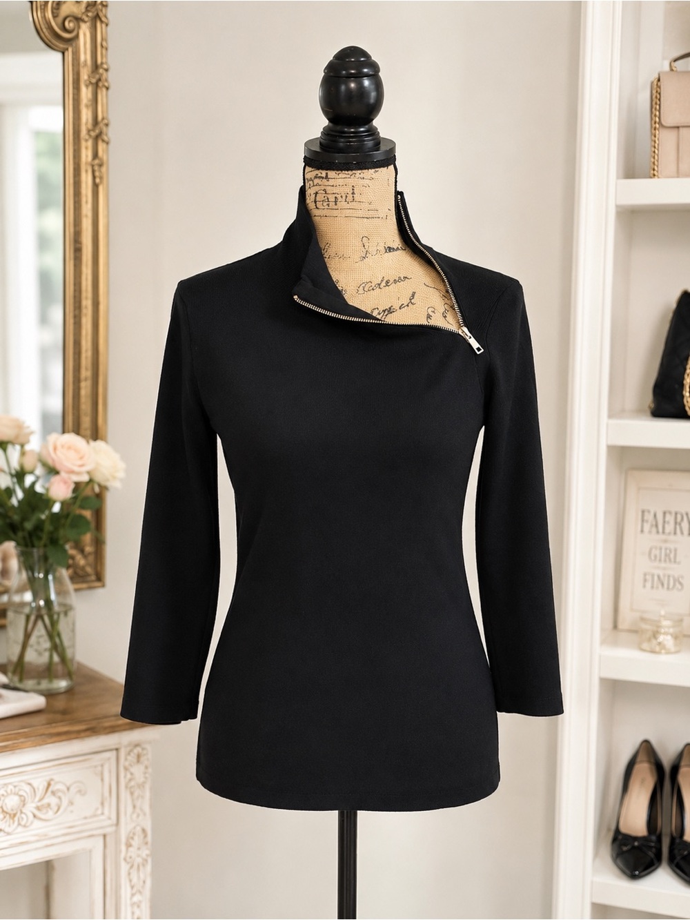 Black Cable & Gauge Asymmetrical Zip Mock Neck Top - Women